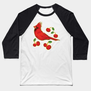 Very Red Bird with cherries - Illustration pattern Baseball T-Shirt